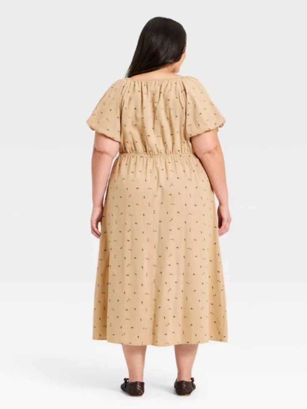 Universal Thread Tan Print Floral Puff Sleeve Midi Dress NWT XXL Cotton Blend - Picture 3 of 4